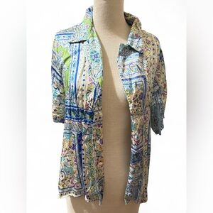 Zara Bohemian Patchwork Short Sleeve Button-Down Blouse Women’s Size XL